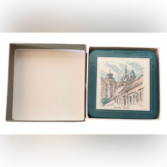 Vintage 6PC Cork Beverage Coaster Set w/Krakow Poland City Scenes - Picture 1 of 11